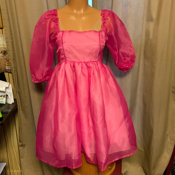 unbranded Dresses Hot Pink Babydoll Dress Puff Sleeves Zip Back